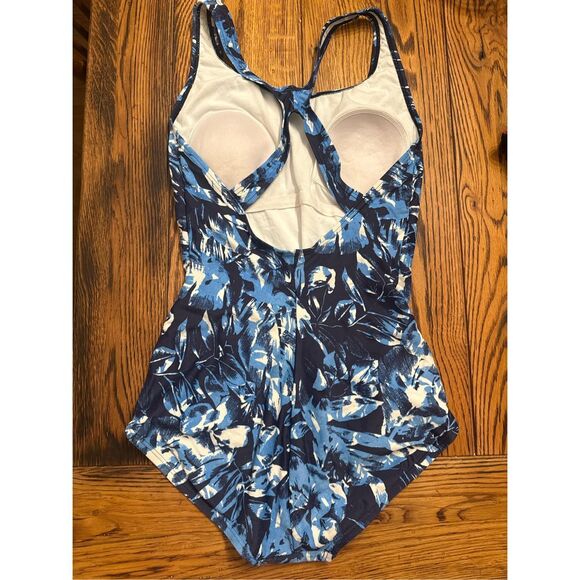 Speedo Navy Blue Floral Print Padded Racerback One Piece Swimsuit Size Medium - Picture 2 of 4